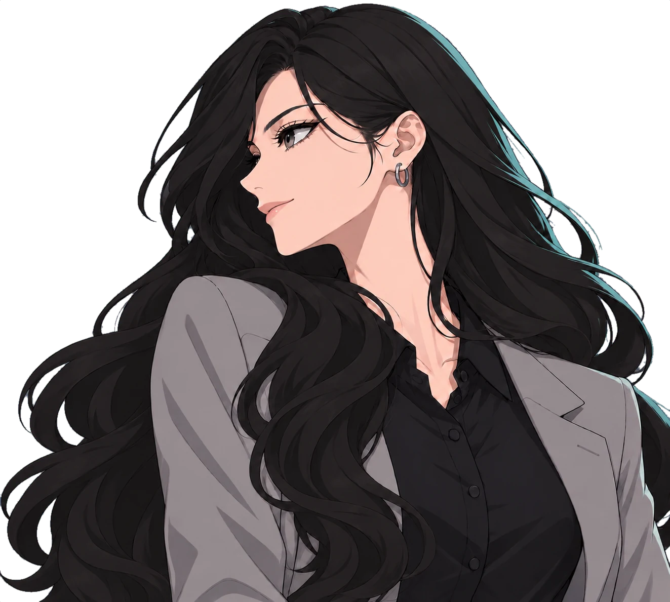 カナタ・シレーナのイラスト。黒髪のロングヘアに、グレーのジャケットと黒のシャツ